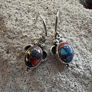 ❤️ Pink Spiny Oyster Dahlia Turquoise Sterling 925 Navajo Dangle Earrings 1.02”L